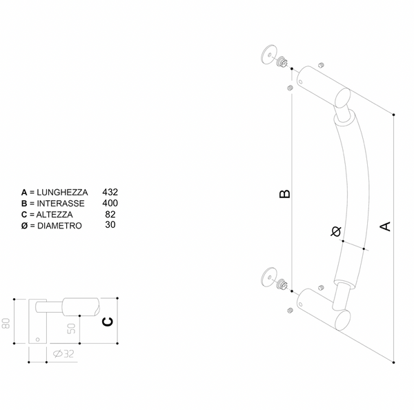 Maniglione In Acciaio Inox Satinato 500 Mm – Tubo Quadro 30x30 Mm, Interasse 350 Mm, Supporti Inclinati 45°, Per Porte Blindate, Uffici E Negozi