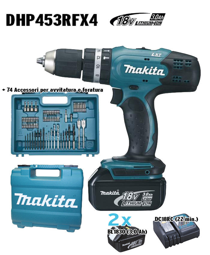 trapano avvitatore percussione makita 2 batterie 74 accessori DHP453RFX4