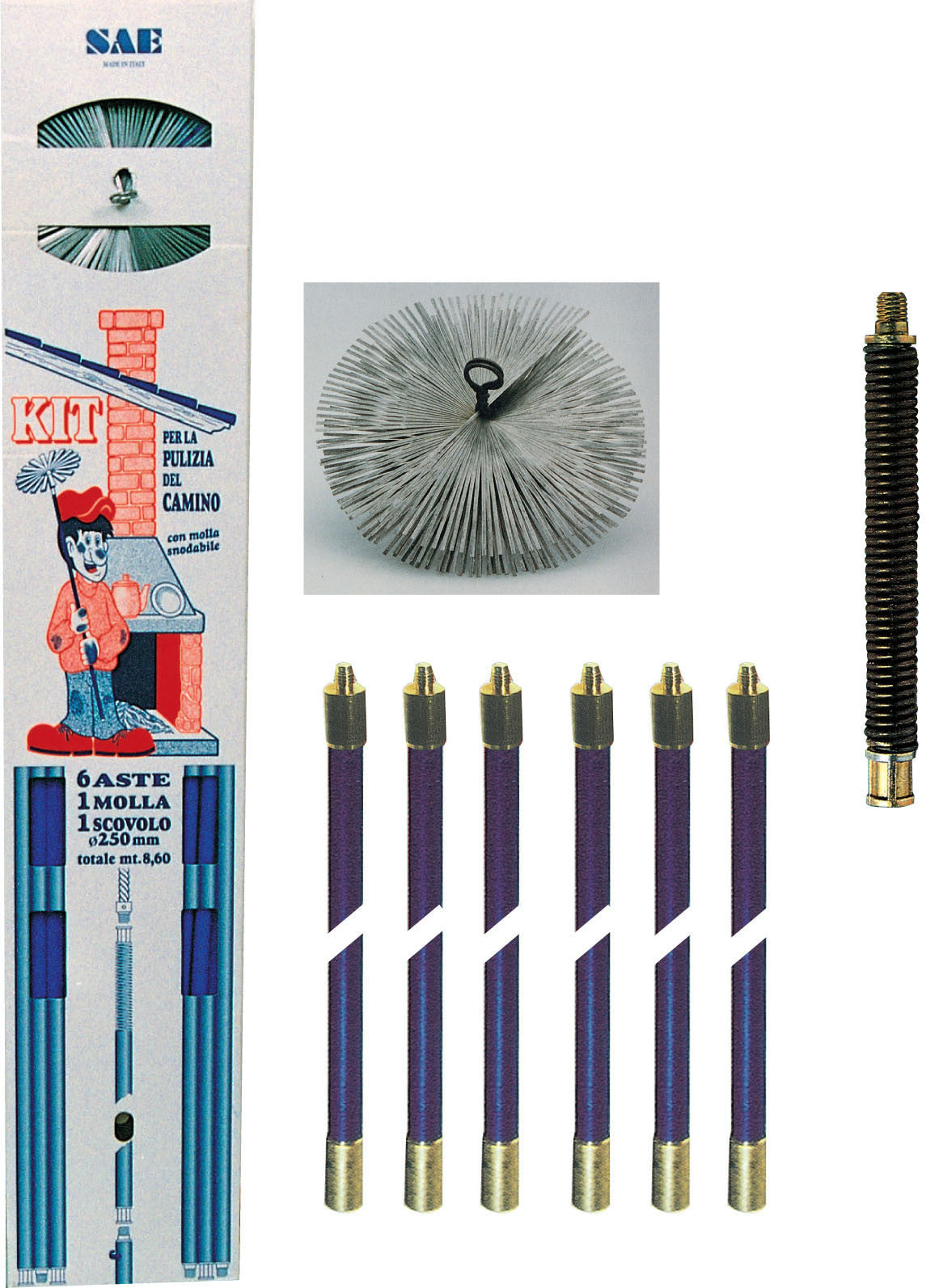 kit spazzacamino aste molla e scovolo diametro 250mm