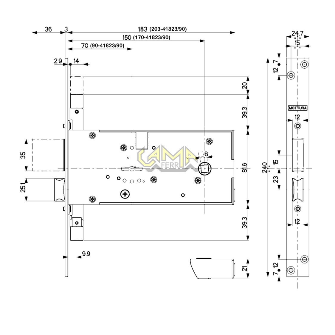 Serratura Mottura 41.823 doppia mappa triplice entrata 70